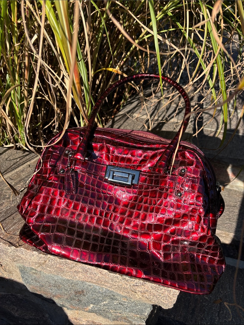 Danier Red Croc-Embossed Patent Satchel